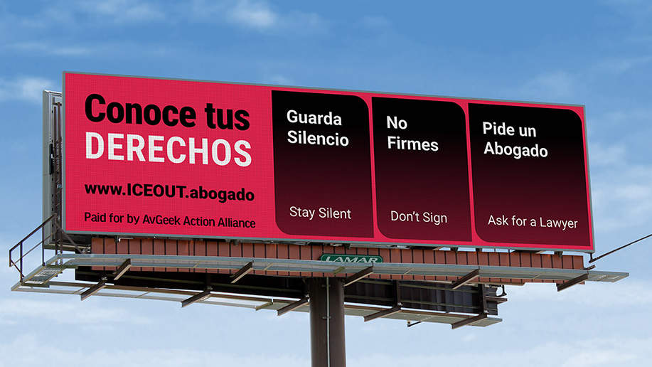 Conoce Tus Derechos in large print on a billboard